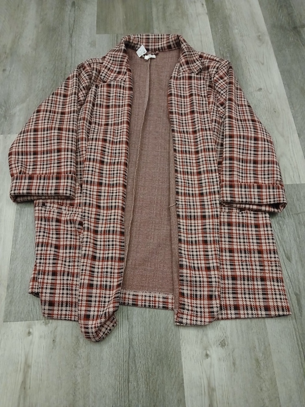 Maurices Pink and Brown Plaid Open Front Blazer